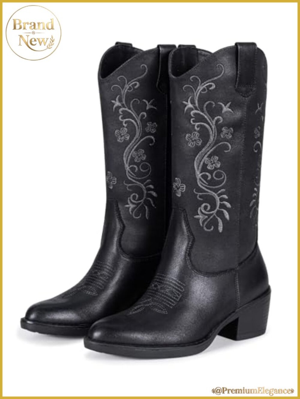 Women's Embroidered Cowgirl Boots Faux Leather Mid Calf Western Pull On